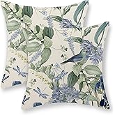 JEFERSO Chinoiserie Pillow Covers 18x18 Set of 2 Blue Green Floral Bird Pillow Cases Vintage Flower Seasonal Outdoor Throw Pillows Linen Farmhouse Chinoiserie Decorative Cushion Case for Couch Sofa