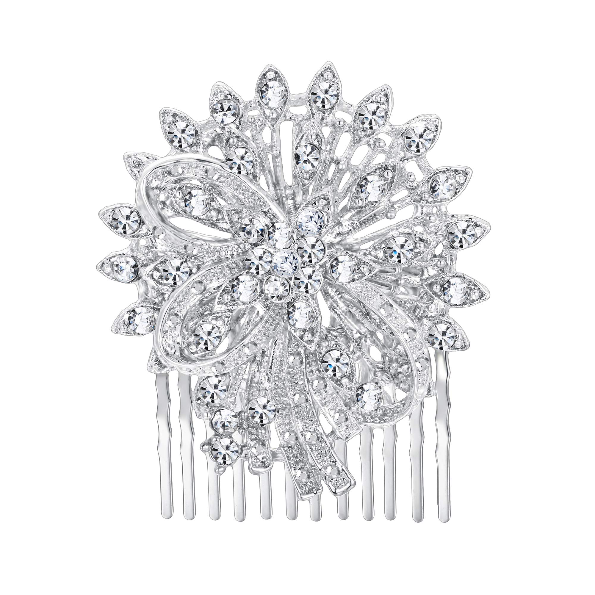 Ever Faith Women's Crystal Wedding Bridal Flower Bowknot Hair Comb Clear Silver-Tone for Prom Banquet