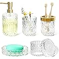 LaMarriti Glass Bathroom Accessories Set, 5pcs Crystal Clear Bathroom Accessories, Toothbrush Holder Set, Lotion Dispenser, Soap Dish, Tumbler, Cotton Swab Jars, Vintage Bathroom Decor