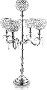 Klikel 5 Arm Candelabra | Wedding Table Centerpiece | Silver Candelabra | Candle Holder is Nickel Plated Aluminum With Acrylic Crystal Dangles And Globes | 24 Inch High