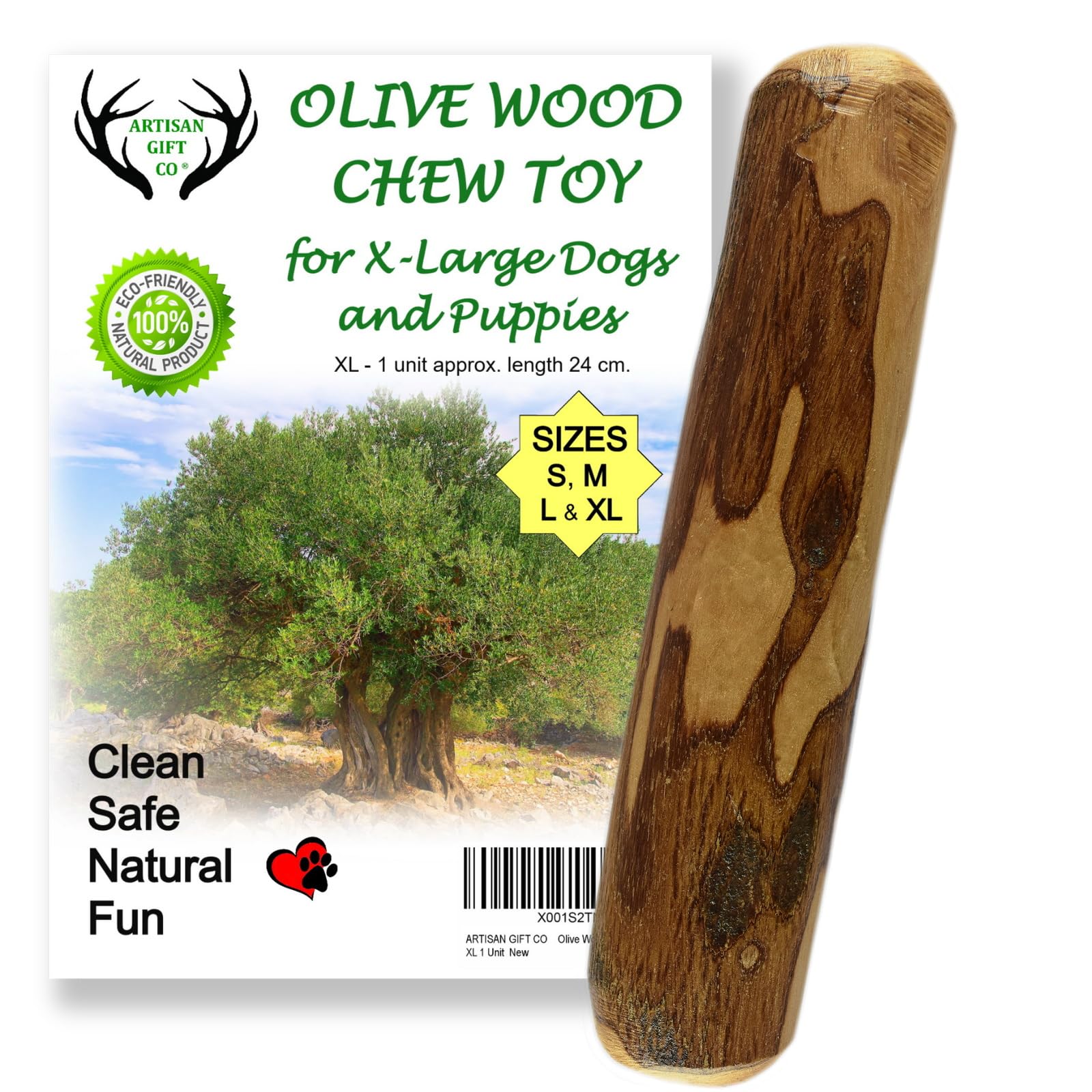 ARTISAN GIFT CO Natural Olive Wood Long Lasting Dog Chew, Puppy Teething Toy, 1 Stick (X-Large) 24cm