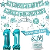 Fangleland 11th Birthday Decorations for Girls, Teal Blue Happy Birthday Banner Hanging Swirls Cake Topper Crown Sash Number 11 Balloon for Eleven Years Old Party Supplies
