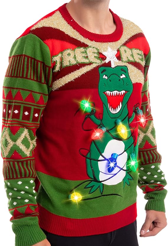Men's LED Light Up Dinosaur Christmas Sweater Builtin Light Bulbs