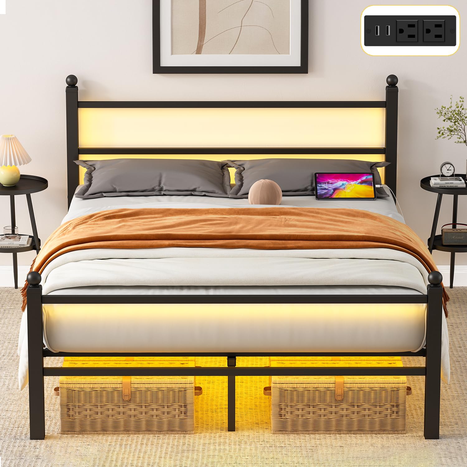 Photo 1 of *************METAL PLATFORM ONLY********Gohapnis Full Size Bed Frame with Headboard and Footboard,Black Metal Platform Bed Frames with LED Lights and USB Charging Station,Heavy Duty Metal Slats,No Box Spring Needed,Sturdy&Noise Free