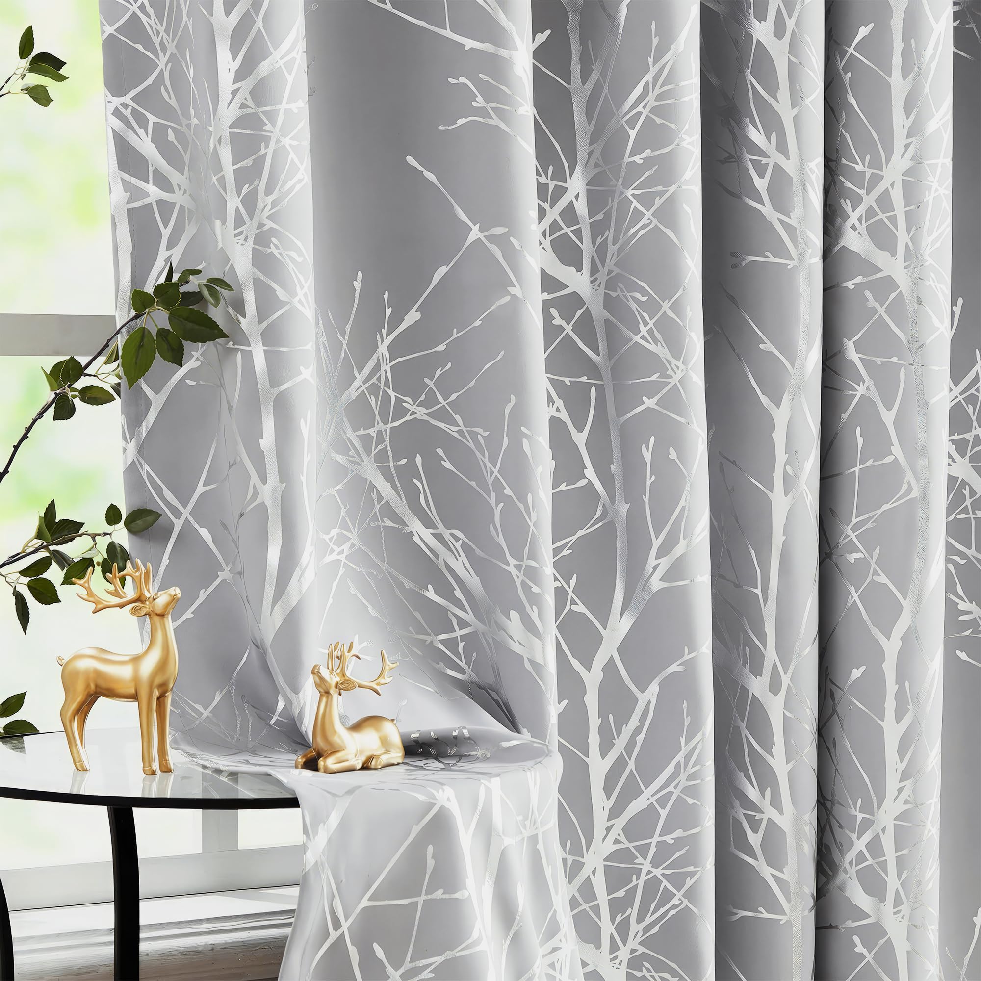 Fmfunctex Blackout Thermal Curtains for Bedroom 54 Inch Drop Grey Silver Eyelet Curtains for Living Room Branch Foil Print Room Darkening Energy Saving Window Curtain Drapes 2 Panels — image 1