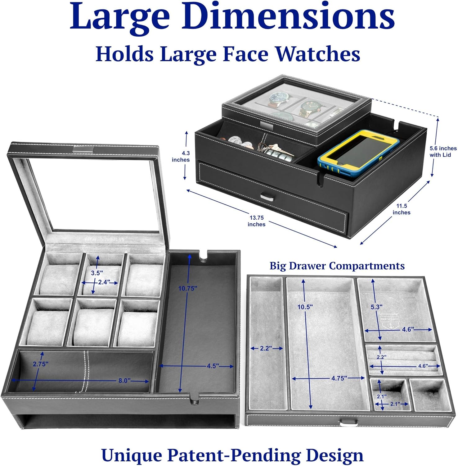 HOUNDSBAY Commander Dresser Valet Watch Box Case & Mens Jewelry Box Organizer with Smartphone Charging Station (Black/Gray): Home Improvement