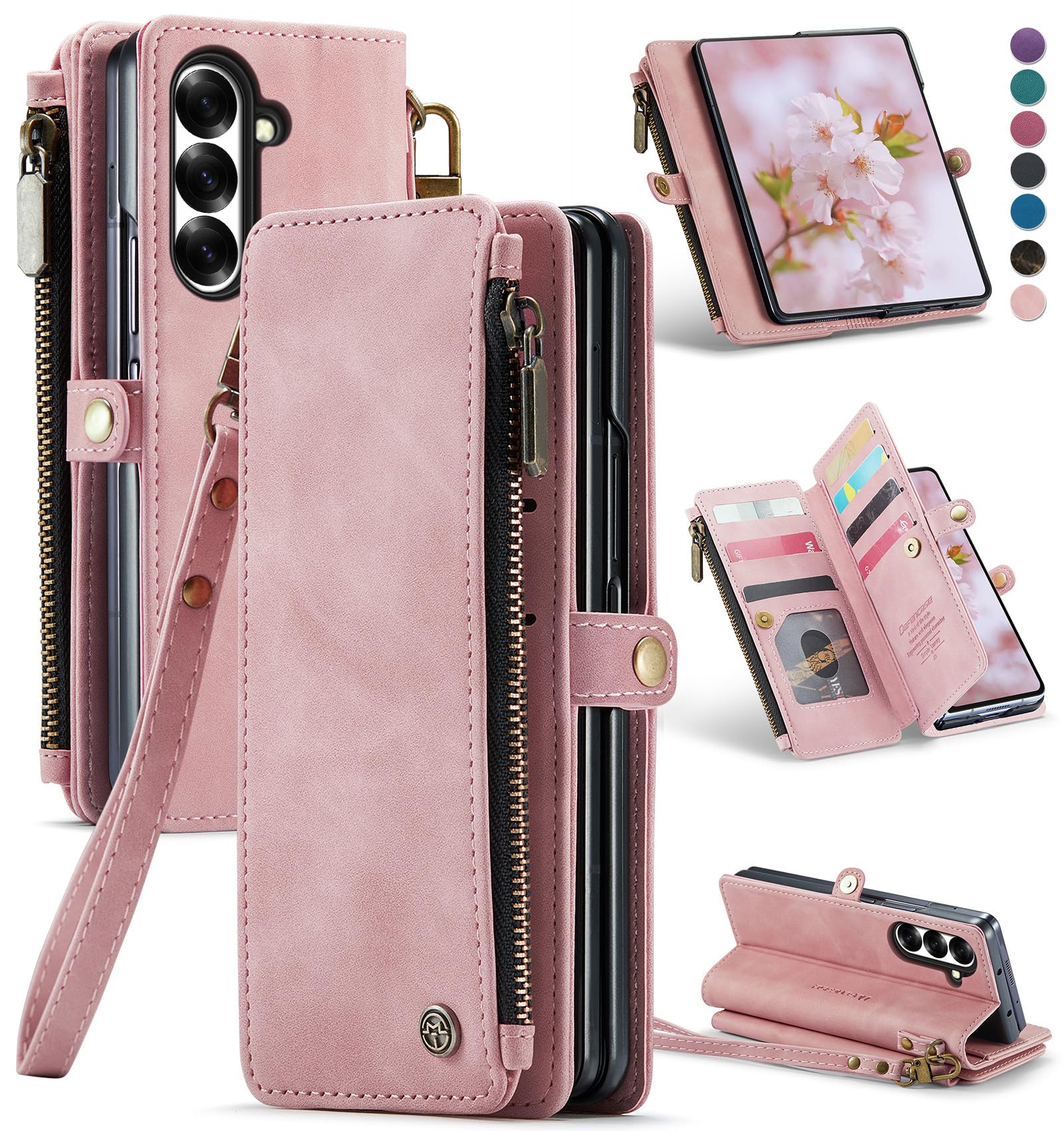 Defencase for Samsung Galaxy Z Fold 7/ Fold7 Wallet Case with RFID Blocking 10-Card Holder, Fashion Soft PU Leather Magnetic Snap Flip Zipper Wrist Strap Phone Case for Galaxy Z Fold 7 5G, Rose Pink