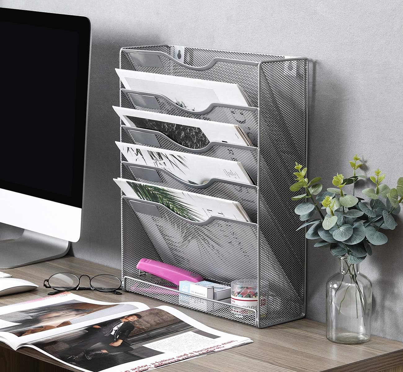 EasyPAG Mesh Wall File Holder 5 Tier Vertical Mount Hanging Organizer with Bottom Flat Tray, Silver : Office Products