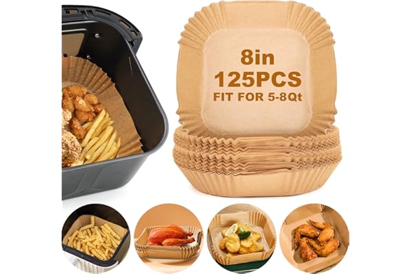 Air Fryer Paper Liners,125Pcs Parchment Paper, Air Fryer Disposable Paper Liner for Microwave, Non-Stick Air Fryer Liners Square Free of Bleach (8IN)