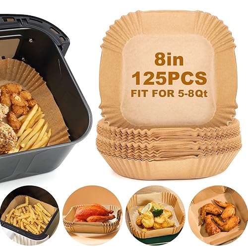Air Fryer Paper Liners, 125Pcs Parchment Paper, Air Fryer Liners Disposable for Microwave, Non-Stick Air Fryer Liner Square Free of Bleach (8IN)