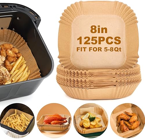 Home & Kitchen - Air Fryer Paper Liners, 125Pcs Parchment Paper, Air Fryer Liners Disposable for Microwave, Non-Stick Air Fryer Liner Square Free of Bleach (8IN)