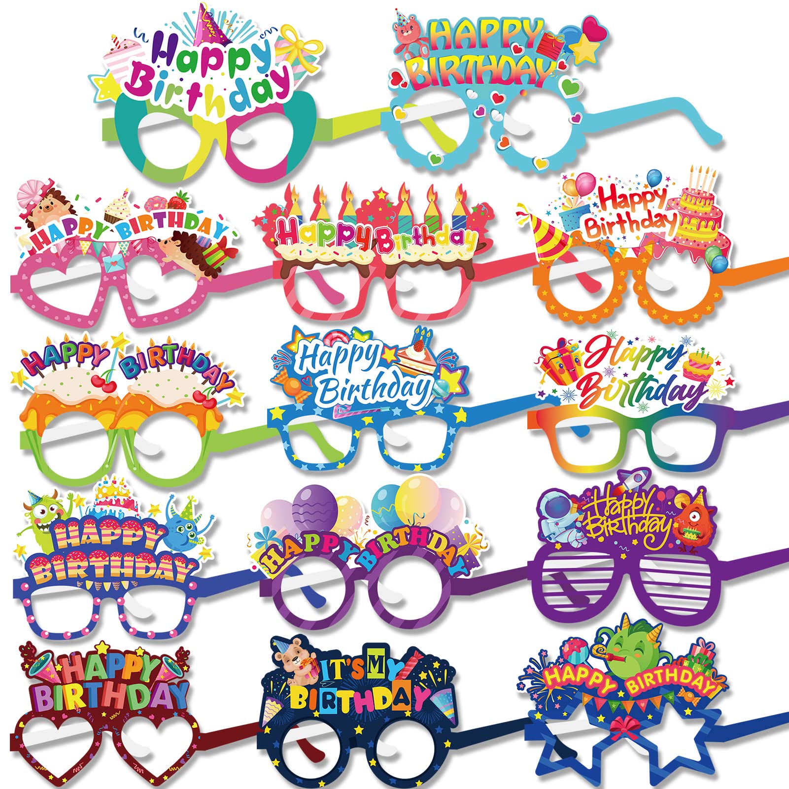 DPKOW 28pcs Paper Happy Birthday Party Glasses Colorful, Funny Photo Booth Props for Kids Adult Birthday Party Favour Accessories