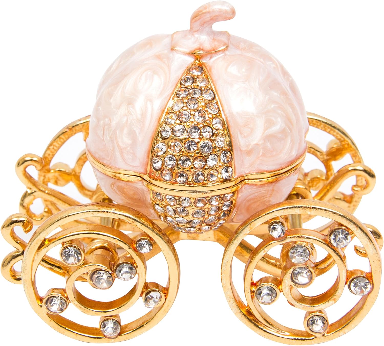 QIFU Hand Painted Pearl White Cinderella Pumpkin Carriage Trinket Box Hinged with Rich Enamel and Sparkling Rhinestones