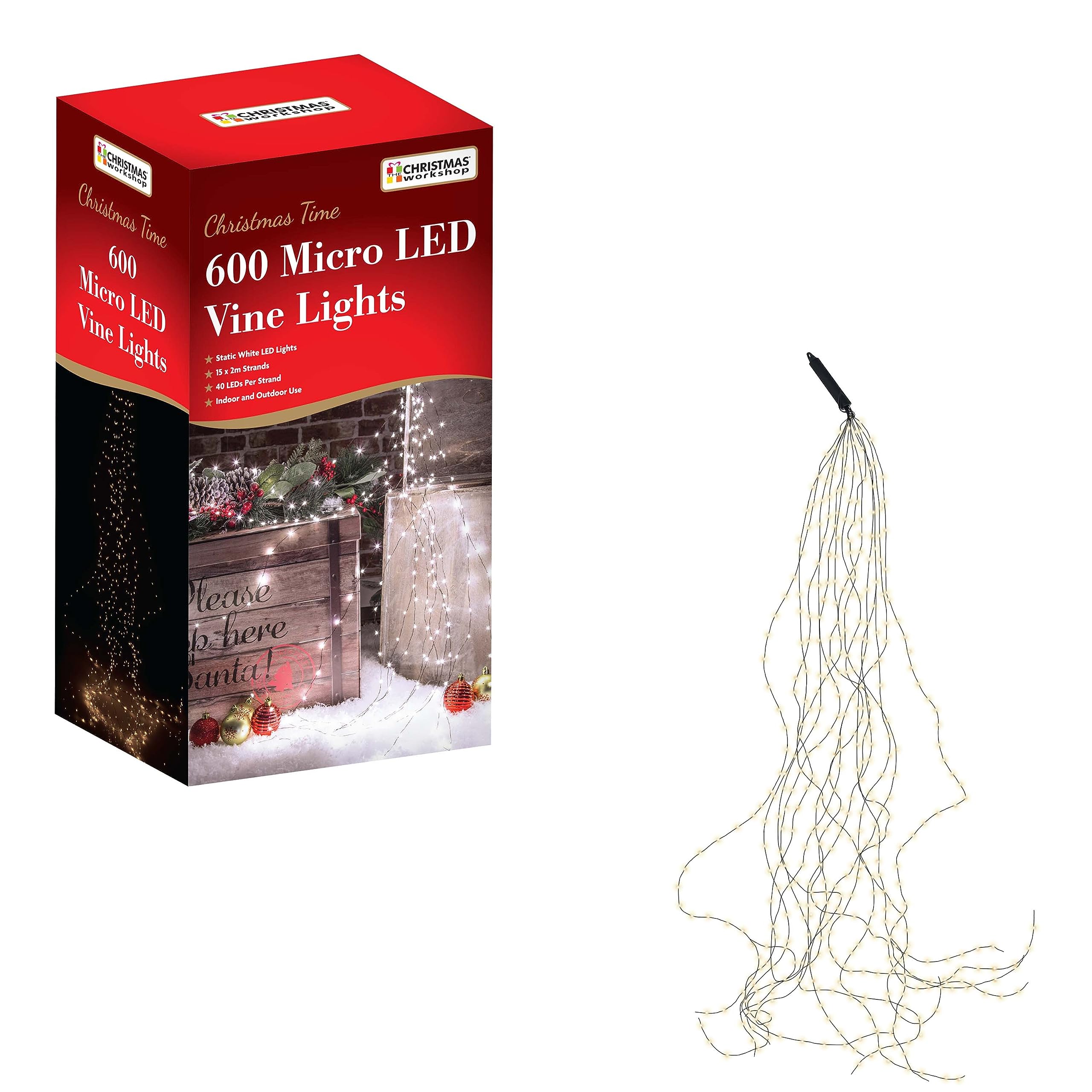 The Christmas Workshop 72710 600 White Micro LED Vine Lights / Indoors & Outdoors Suitable / Waterfall Style Lights / 15 Total Flexible Light Strips