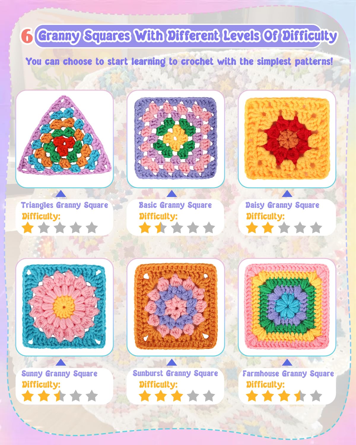 Coopay Crochet Kit Beginners for 6 Types Granny Squares, Starter Knitting Kit with Instructions & 8PCS Yarn, Crochet Start Kit for Adults Learn to Crochet Granny Square Coasters, Table Runners, ect
