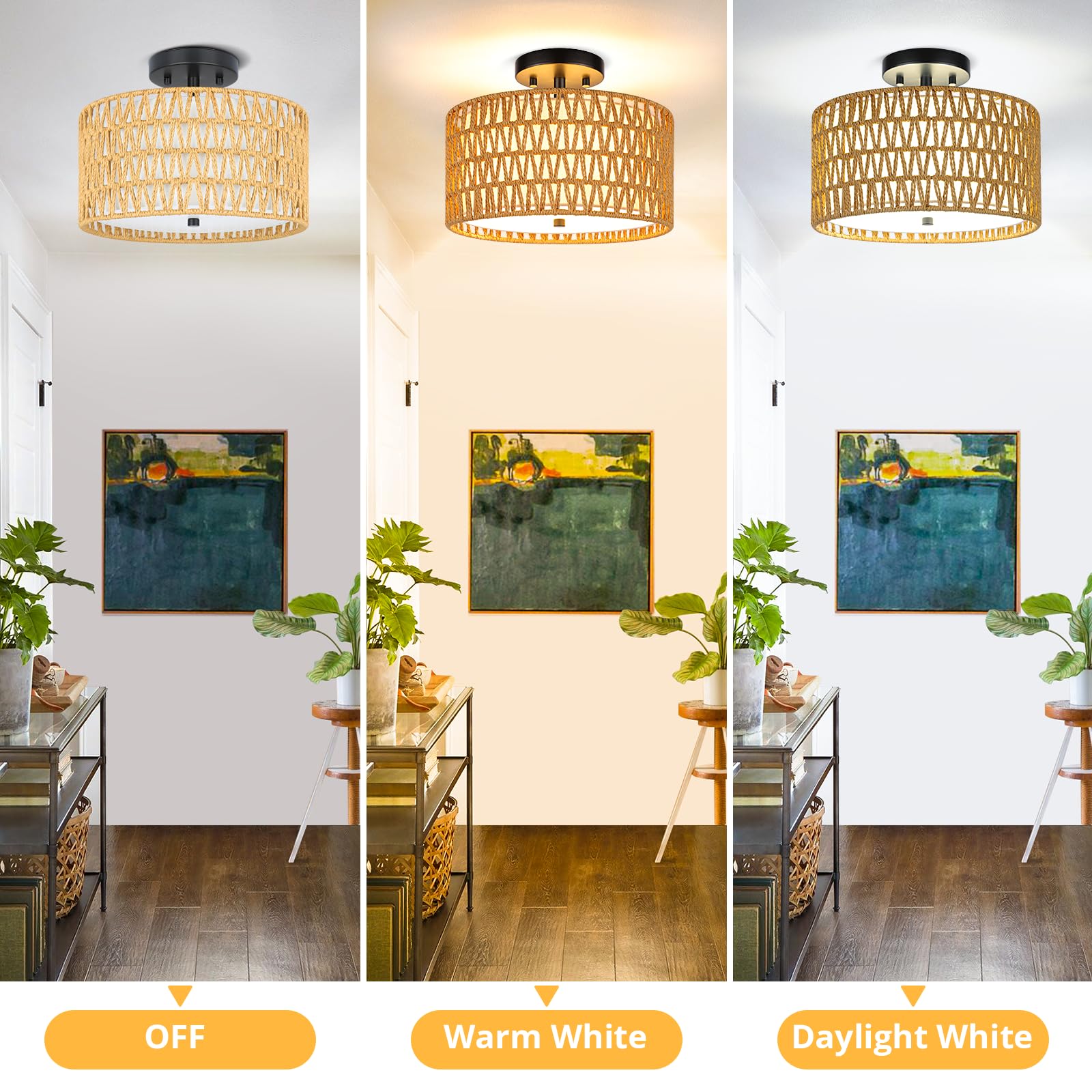 SunRider Semi Flush Mount Ceiling Light Fixture, 3-Light Farmhouse Woven Rattan and Fabric Shade Drum Light, Boho Rattan Lamp for Bedroom Foyer Porch