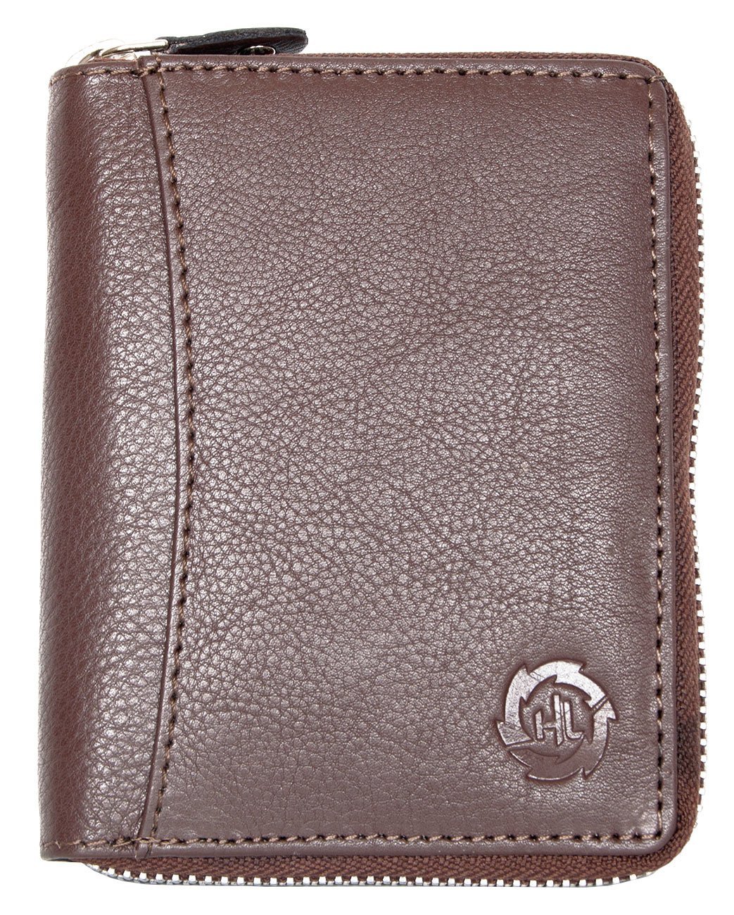 Men's Brown Metal Zip-around Genuine Leather Wallet HL