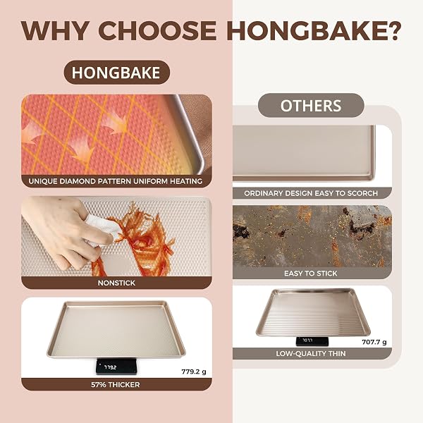 HONGBAKE 9-PIECE BAKING PANS SET NONSTICK, STACKABLE NON TOXIC BAKEWARE SETS WITH DIAMOND TEXTURE, OVEN PAN SET FOR COOKING, INCLUDES COOKIE SHEET WITH RACK, CAKE PAN, ROASTING PAN, MUFFIN TIN, GOLD