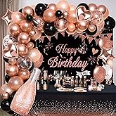 Winrayk Rose Gold and Black Happy Birthday Decorations for Women, Rose Gold Black Balloons Arch & Backdrop Tablecloth Foil Balloons, Women 20th 30th 40th 50th Birthday Party Decorations
