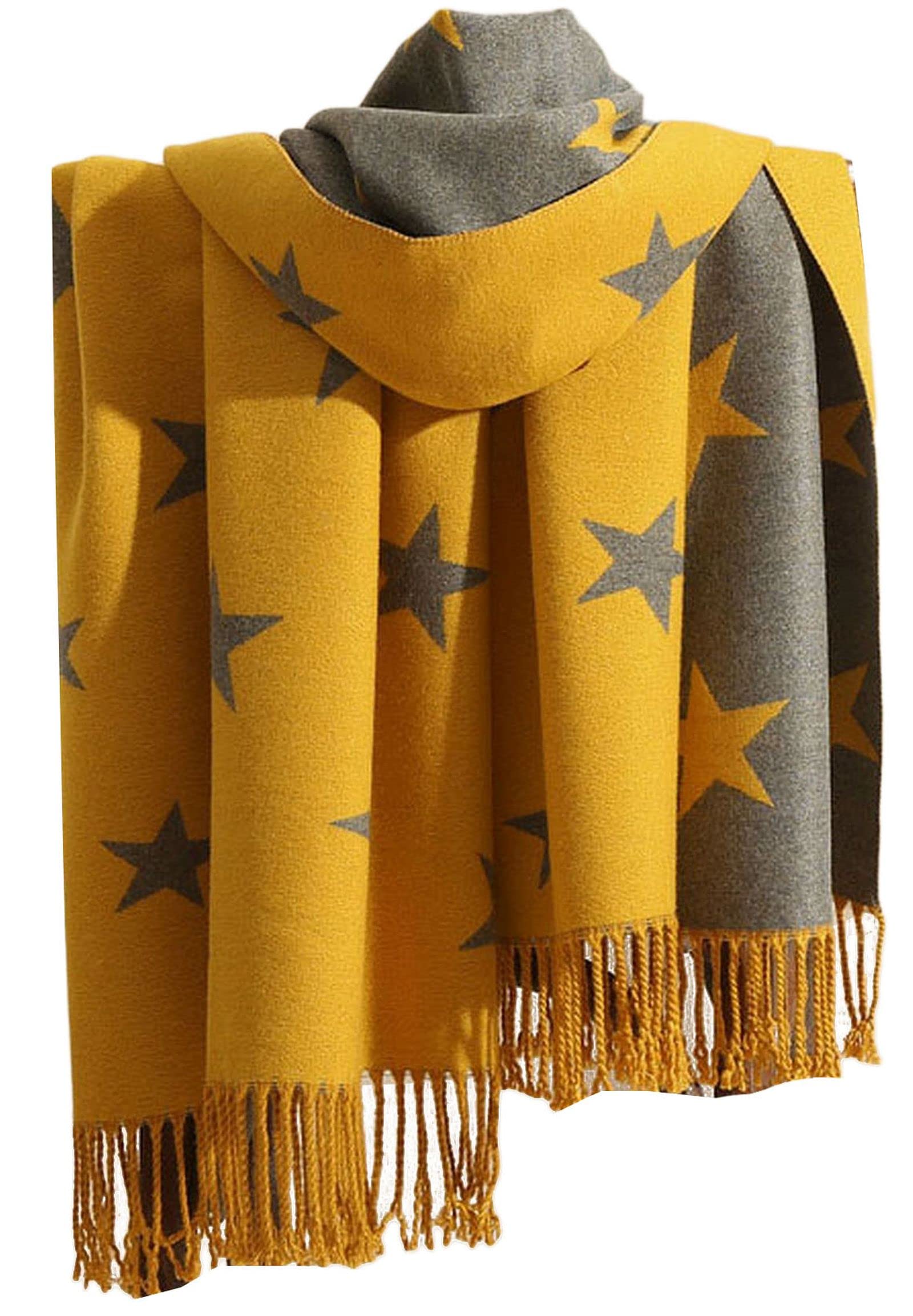 GFM® Women's Super Soft Cashmere Texture Ladies Shawl Wrap - Autumn Winter - Stars Mustard Grey - (STRSHL-MTDBH)