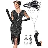 MTITE Women's Flapper Dresses 1920s for Women Great Gatsby Sequin Fringed Roaring 20s Cocktail Dress with Accessories Set