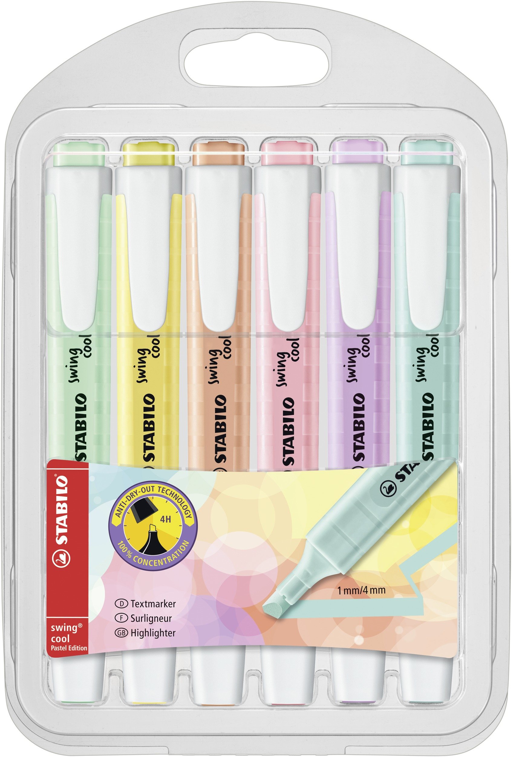 Photo 1 of STABILO Highlighter swing cool Pastel - Pack of 6 - Assorted Colors, Portable, Clip Closure, Office + School Supplies