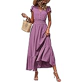 PRETTYGARDEN Womens Dresses 2026 Summer Maxi Dress Boho Short Sleeve V Neck Swiss Dot Ruffle Tiered Smocked Flowy Long Dress