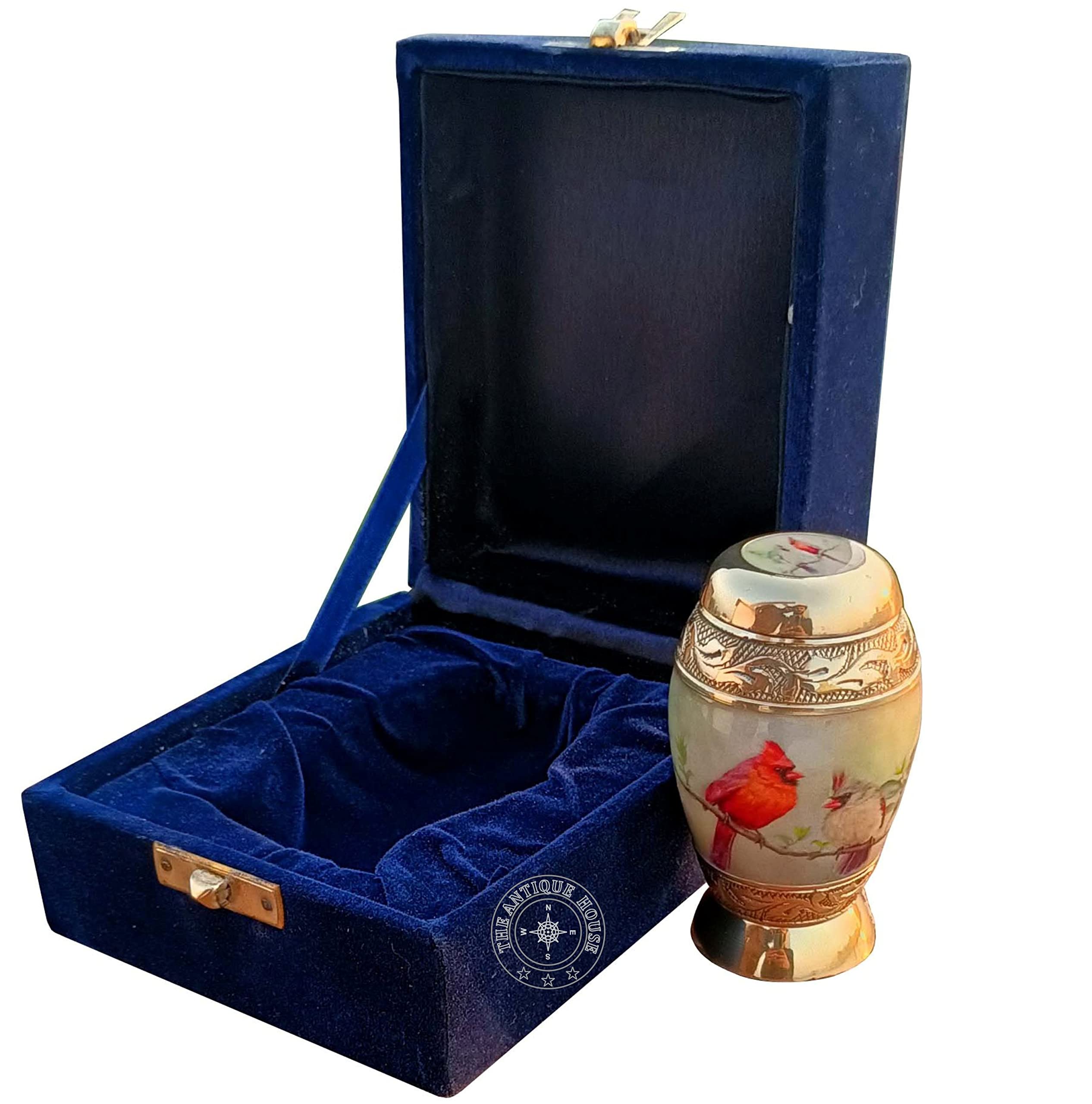 Brass Pretty Small Lovely Cardinal Couple Bird Keepsake Urn for Human Ashes with Blue Box Home Decor and Best Gifting Item for Your Love