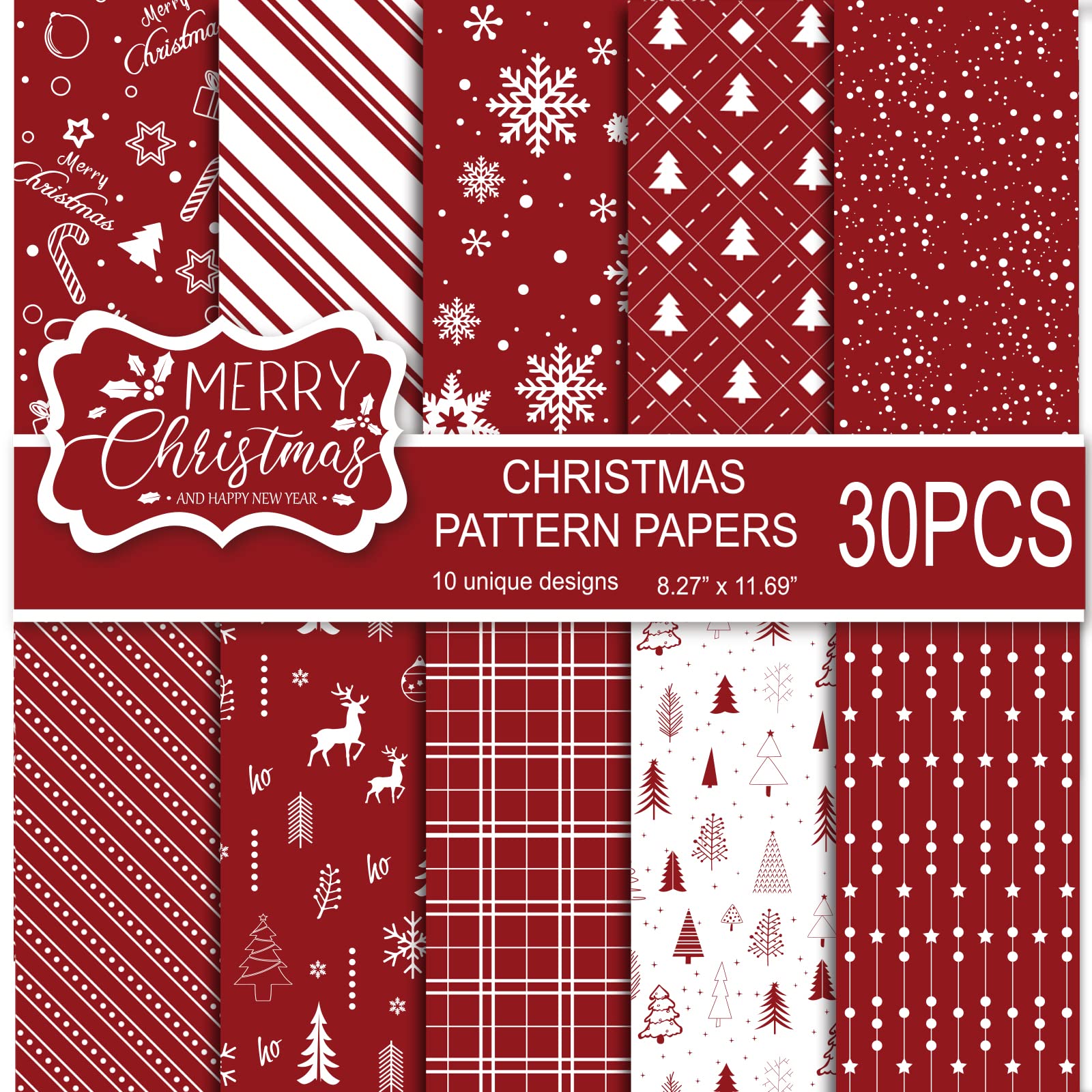 MIAHART 30 Sheets Merry Christmas Pattern Paper Set A4 Size 10 Designs Festival Decorative Craft Paper Double-Sided for Card Making Scrapbook, Red and White