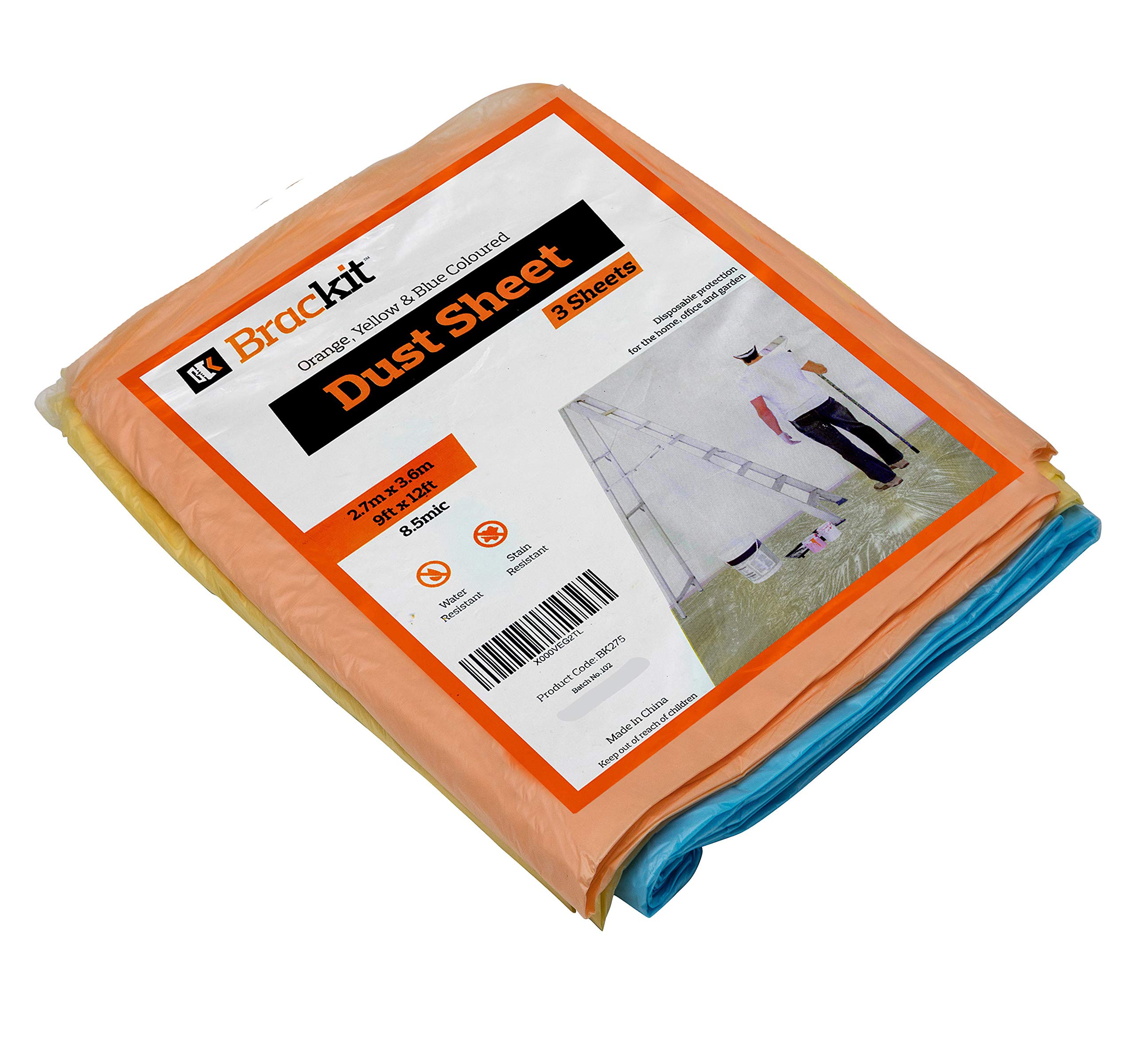 Brackit 3 Pack Orange, Yellow & Blue Coloured Dust Sheets Polythene Dust Sheets 3.6M X 2.7M (12X9FT) 8.5Mic