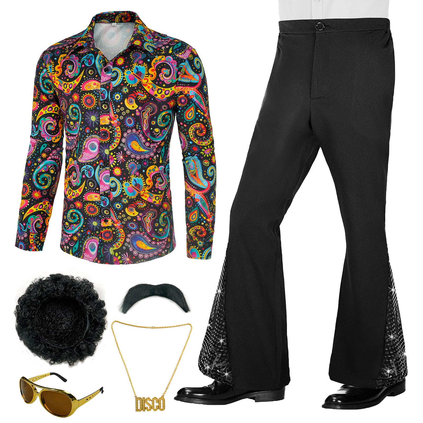 Photo 1 of BONGZUO 70s Outfits for Men 6 Pcs Disco Outfit Retro Costume with Bell Bottom Pants(Z3737STBK,XL)