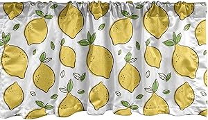 Ambesonne Lemons Window Valance, Continuous Citrus Fruits Leaves Refreshing Cartoon Pattern, Curtain Valance for Kitchen Bedroom Decor with Rod Pocket, 54