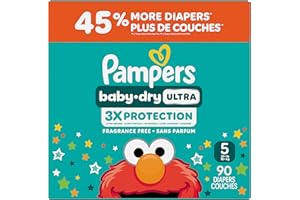Pampers Baby Dry Ultra Diapers, Size 5 (20-37 lbs), 90 Count, Absorbent Disposable Diapers