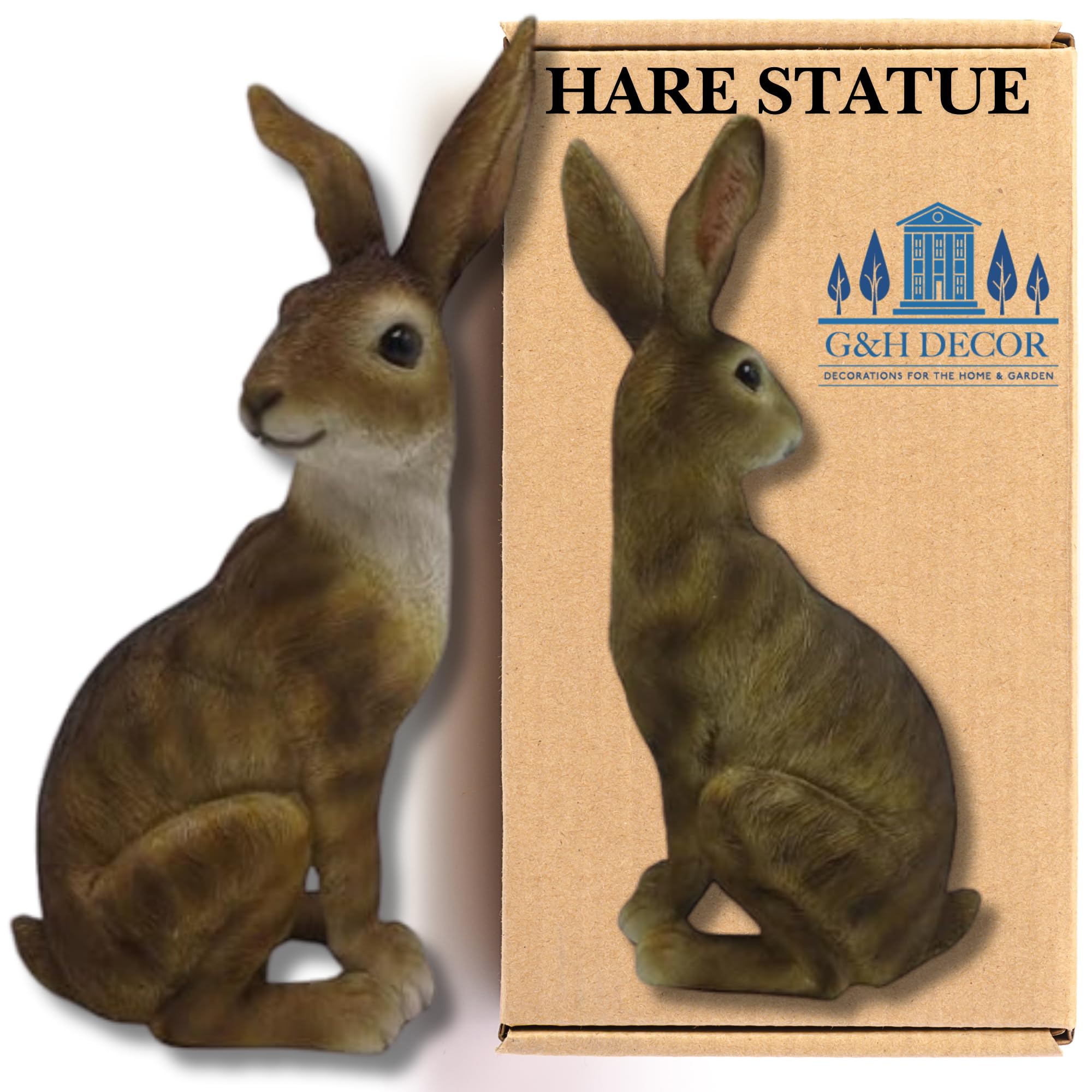 G&H Decor - 24cm Sitting Garden Hare Statue - Outdoor Resin Bunny Figurine - Weather Resistant Highly Detailed Lawn Ornament Suitable for Room Decor - Garden Animal Sculpture Gift (Natural)