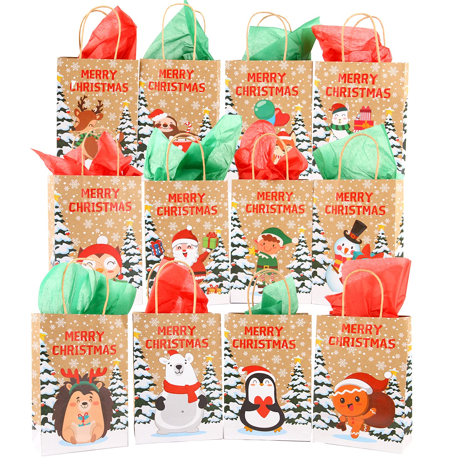LOKIPA 12 Christmas Kraft Gift Bags with Assorted Tissue Paper and Gift Tag,Xmas Paper Bags with Handle for Christmas Goody