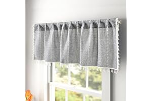 RoomTalks Rustic Farmhouse Kitchen Valances for Windows in Dark Gray, 18’’L x 52’’W Boho Striped Vintage Charcoal French Country Cottage Textured Tassel Curtain Valances for Bathroom Living Room