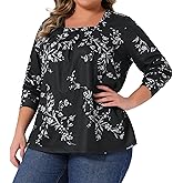 Agnes Orinda Plus Size Floral Print Tops for Women Square Neck Long Sleeve Pleated Tunic Dressy Casual Blouses