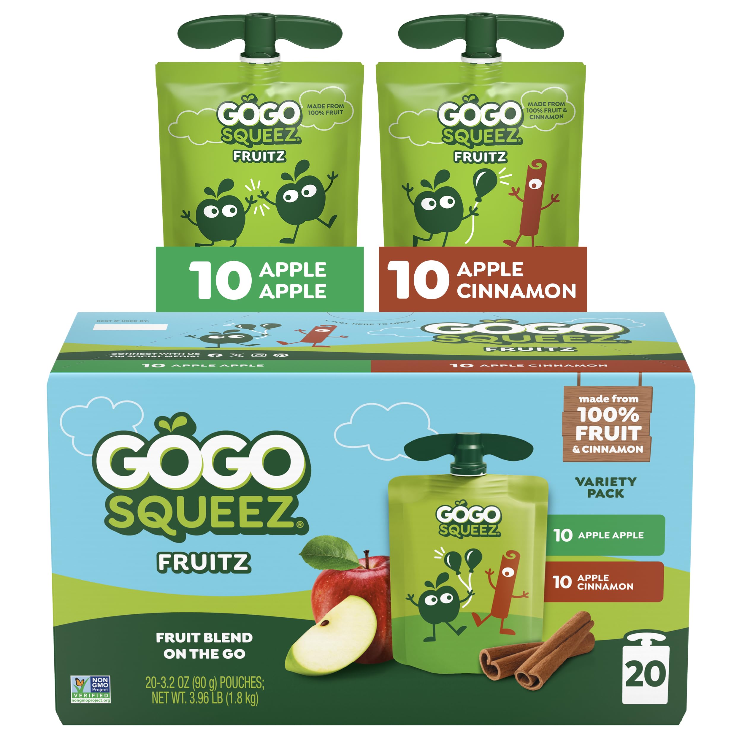 gogo squeez applesauce and fruit puree variety pack, apple & cinnamon, 3.2 oz (pack of 20), unsweetened fruit snacks for kids, gluten free, nut free, bpa free pouches (packaging may vary)