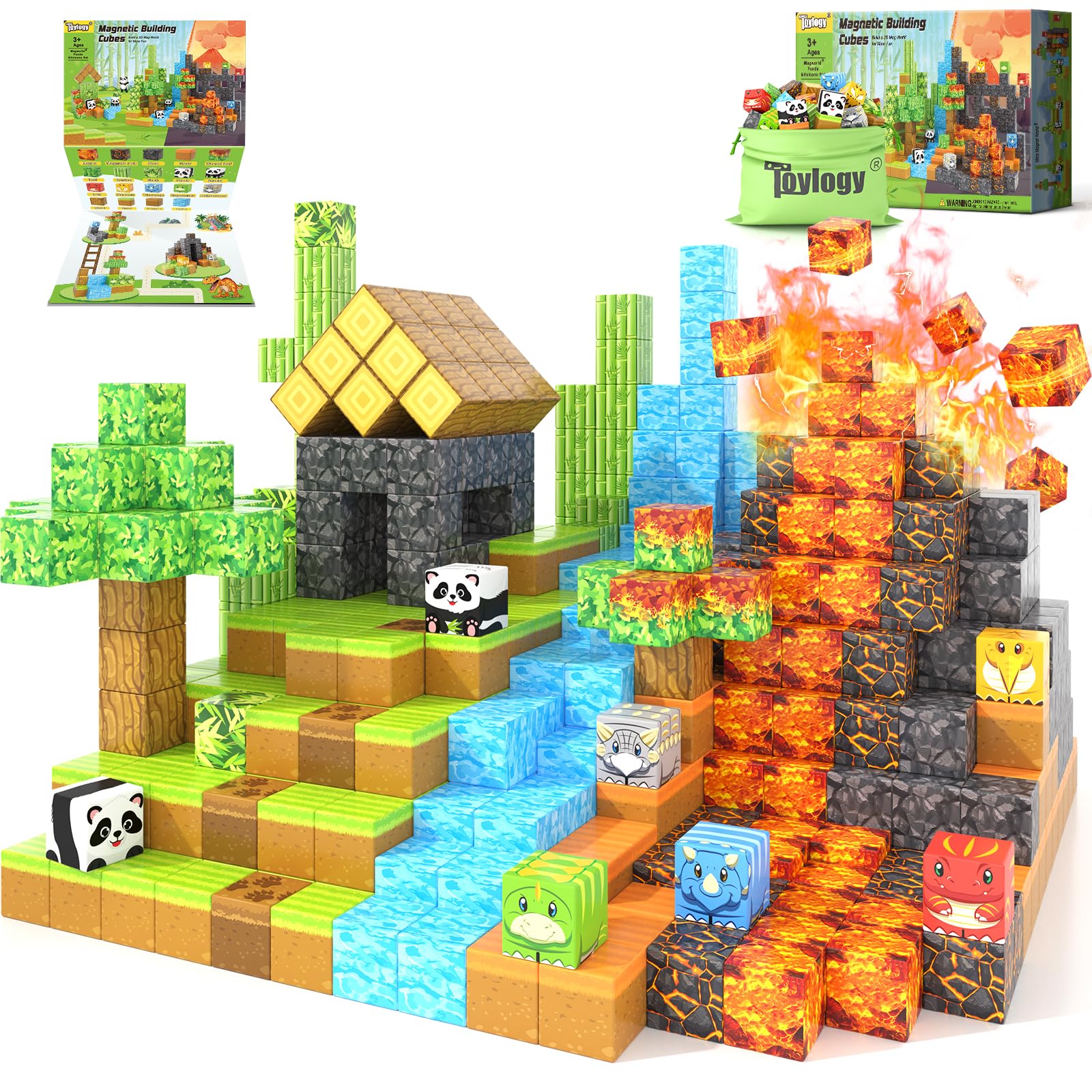 Magnetic Blocks-Build Mine Magnet World Dinosaur Panda Toys Kids Games, Toddler STEM Educational Sensory Dino Toys for Kids 3-5 5-7, Birthday Gifts for 3 4 5 6 7 8 Year Old Boys and Girls Image