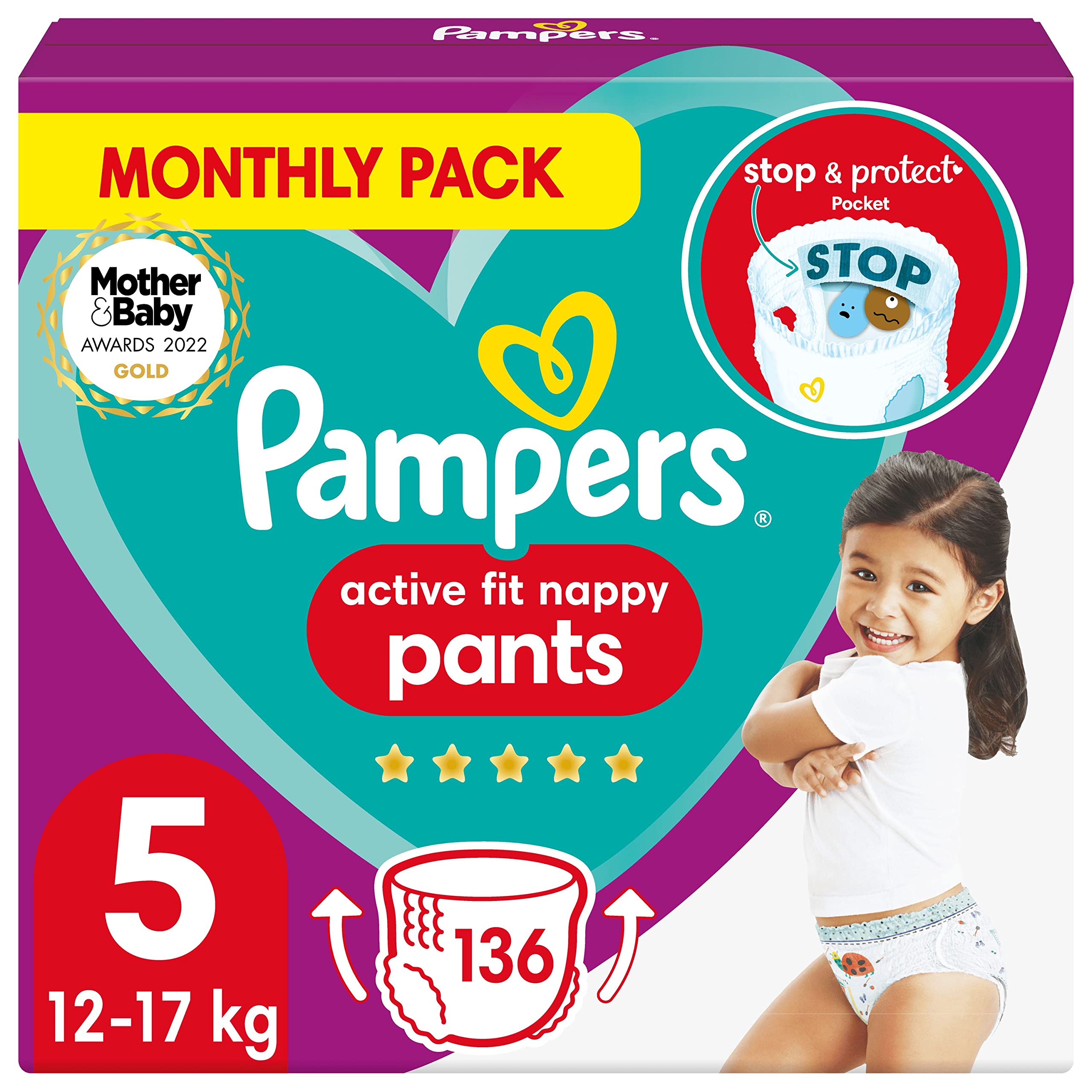 Pampers Baby Nappy Pants Size 5 (12-17kg/ 27-38Lb), Active Fit, 136 Nappies, MONTHLY SAVINGS PACK, Pampers� Trusted Fit and Comfort For Your Wild Child