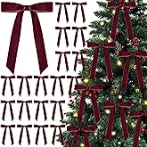 Curvier 25 Pcs Velvet Christmas Bows for Xmas Tree, Door, Gift, Staircase Decor, Vintage Wreath Bow Christmas Tree Ornaments(5x7 Inch,1" Wide) Burgundy