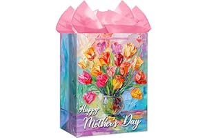 FLYAB Happy Mother's Day Gift Bag - 11.5" Gift Bag with Pink Tissue Paper Vibrant Tulip Design Bag for Mom Reusable Elegant Favor Totes for Mom Grandma Aunt
