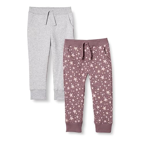 Amazon Essentials Girls' Sweatpants, Pack of 2, Light Grey Heather/Mauve Stars, Large