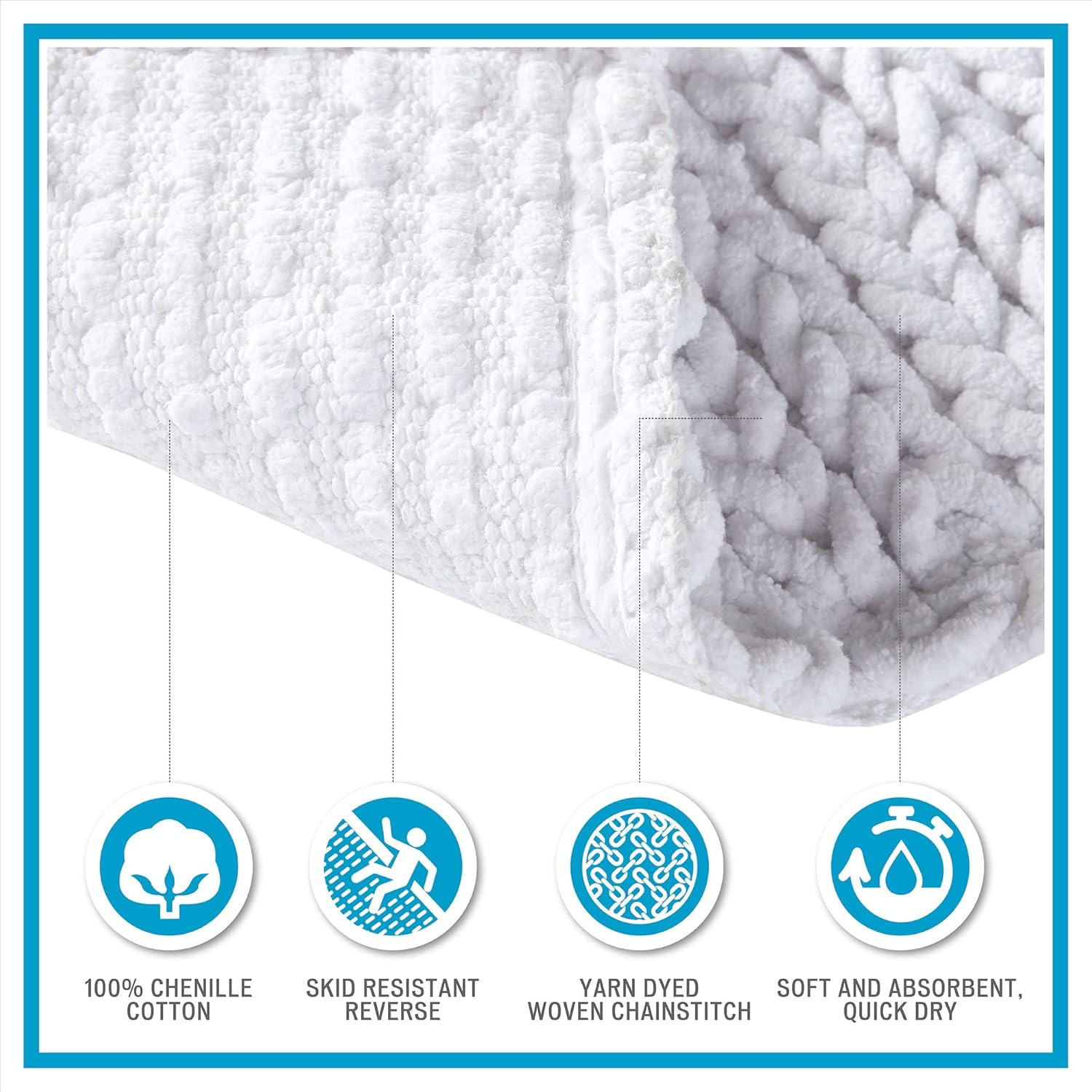 Madison Park Lasso 100% Cotton Chenille Chain Woven Stitch Bathroom Rug-Non Slip-Absorbent, Quick Dry Bath Mat, 24x40, White: Home & Kitchen
