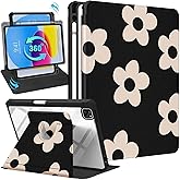 Uppuppy for iPad Pro 12.9 Case Folio Cover with Pencil Holder Girls Women Cute Girly Kids kawaii Flower Floral Pretty Black Design Rotating Stand for Apple iPad Pro 12.9 Inch Cases 2022/2021/2020/2018