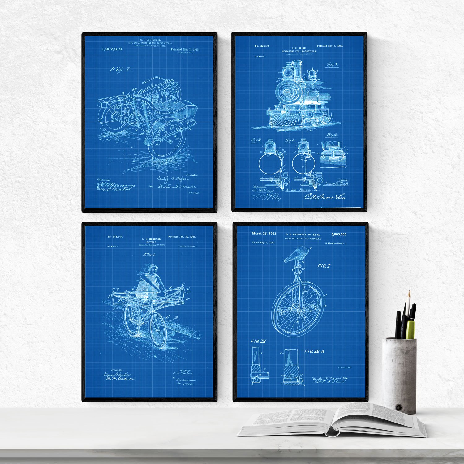 Nacnic BLUE - Pack of 4 sheets with PATENTS vehicle. Set posters with inventions and old patents. Choose the color you like. Printed on 250 grams — image 1