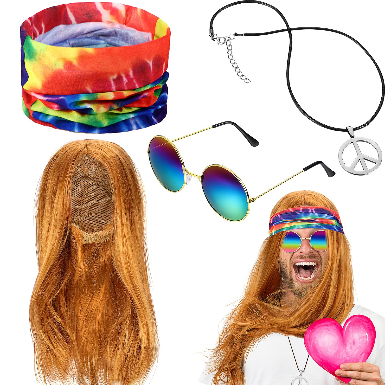 Photo 1 of ***See Notes***Hippie Wigs for Men Women 70s 60s Tie Dye Headband Sunglasses 70s 60s Costume Accessories, 3 pcs(Golden Brown)