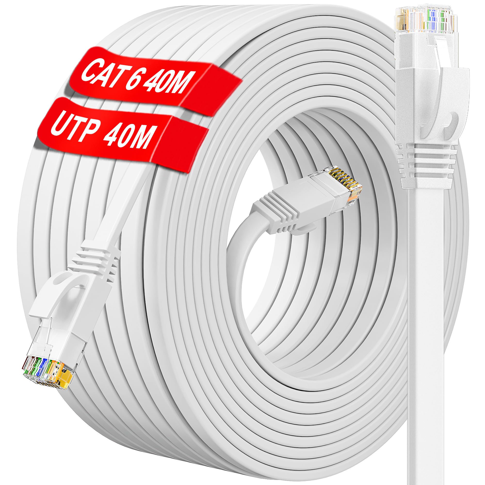 Ethernet Cable 40m, Cat 6 Long Network Cable 40m Flat White, Internet Cable High Speed 1000Mbps 250MHz, RJ45 LAN Cable Outdoor Indoor Waterproof Gigabit Patch Cord for Router Switch Modem (40 Clips)