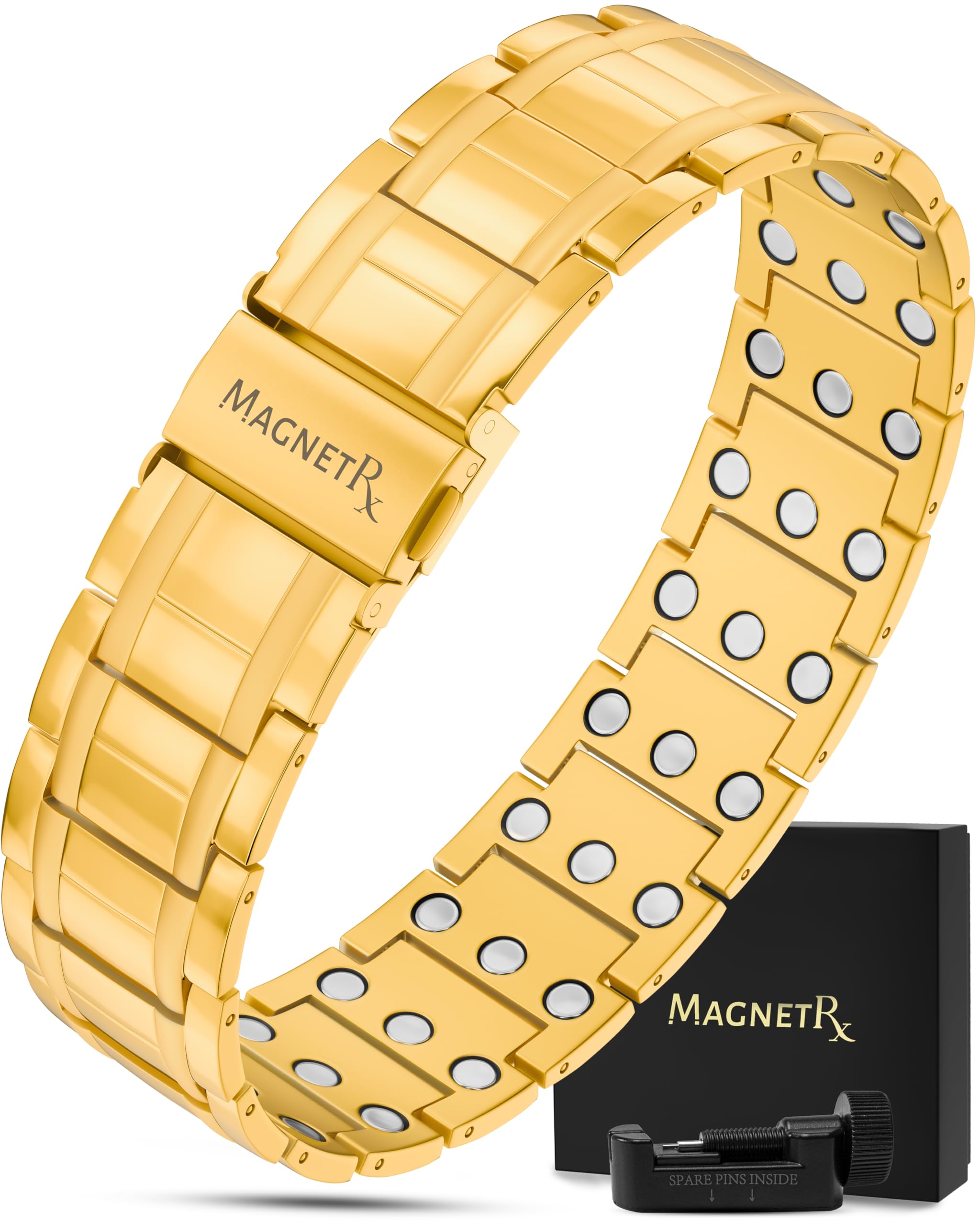 MagnetRX® 3X Strength Magnetic Bracelets for Men - Effective Titanium Magnetic Bracelet Men - Premium Fold-over Clasp & Adjustable Length with Sizing Tool & Gift Box (Gold)