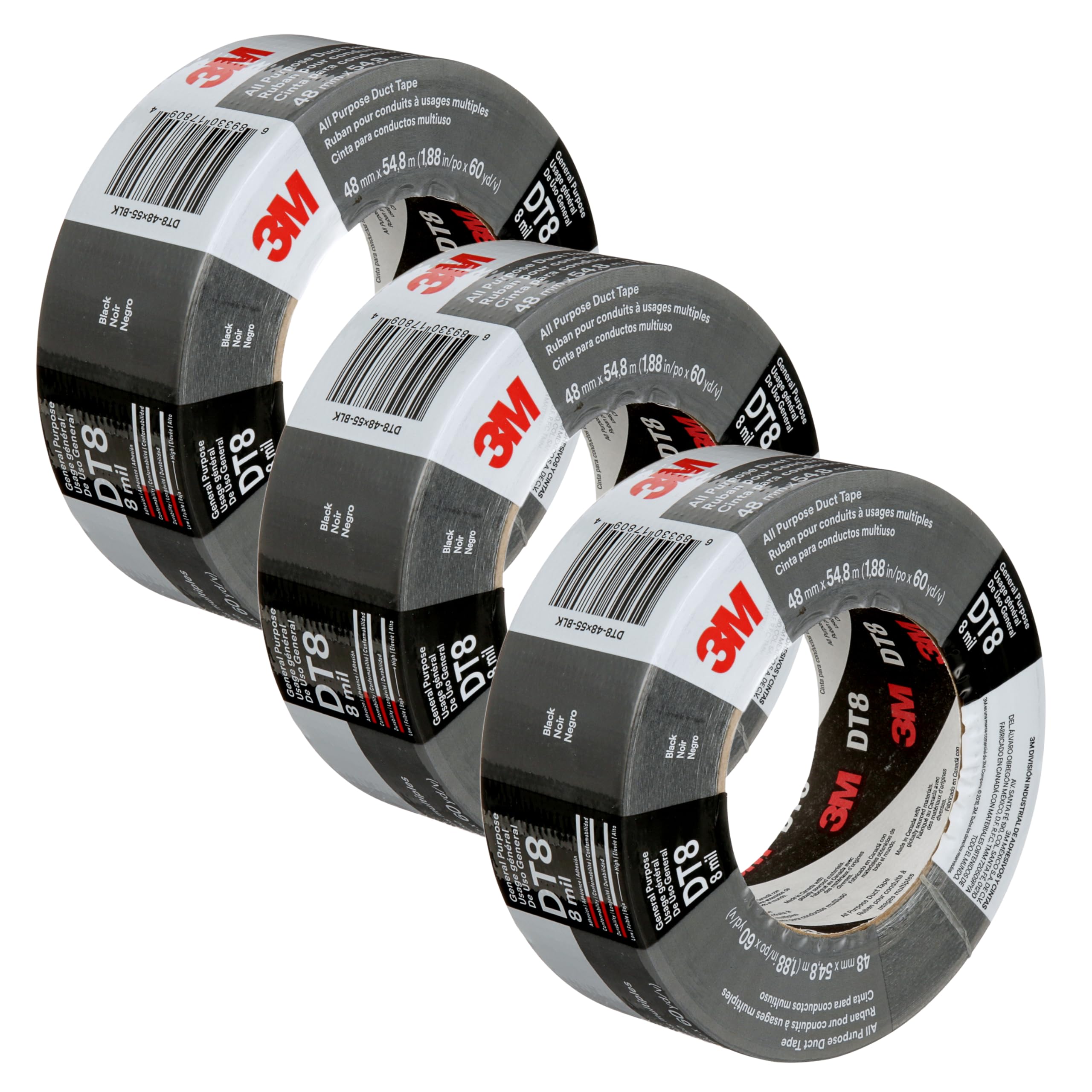 Photo 1 of 3M Duct Tape DT8, 3 Pack, Industrial Strength, Multi-Use, Black color tape, 1.88" x 60 yd, Tear by Hand, Professional Grade Adhesive, Perfect for HVAC, Bundling, Moisture Proofing, and Reinforcing